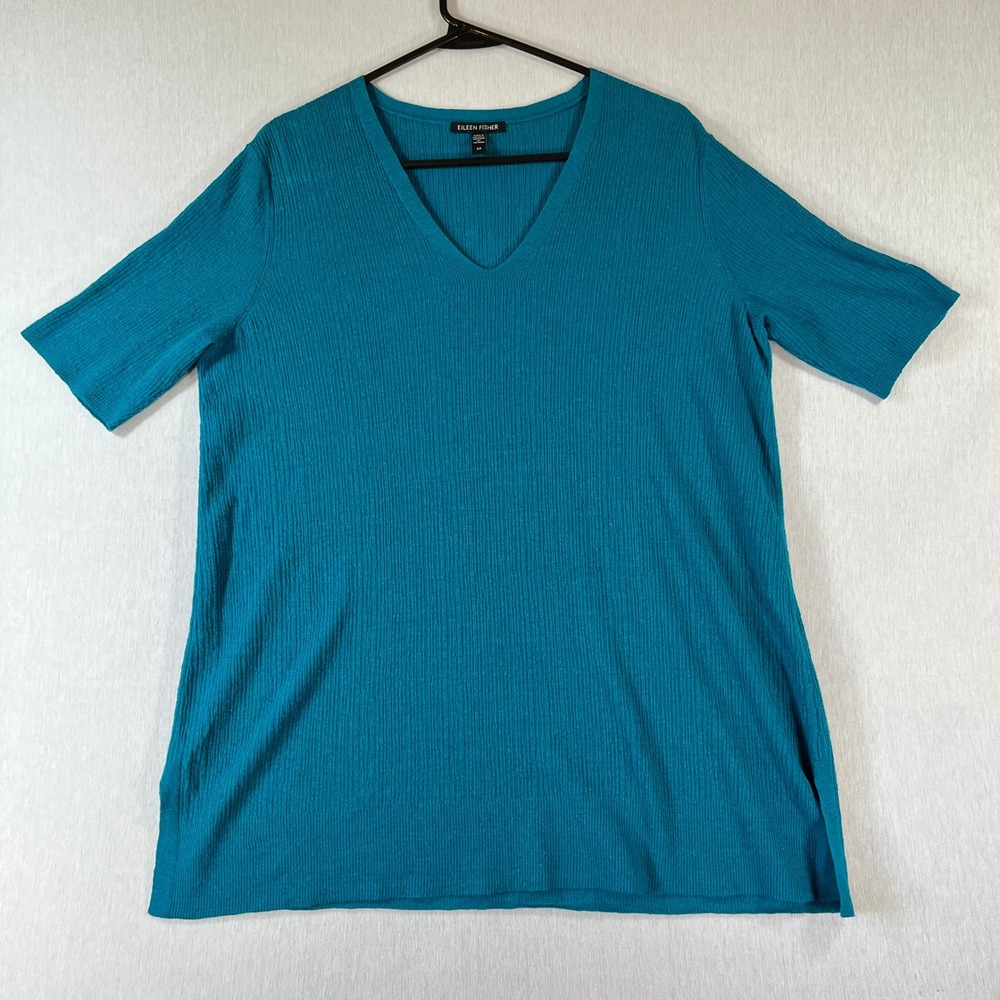 Eileen Fisher Top Small Linen Blend Teal Blue Ribbed V-Neck Short Sleeve Blouse